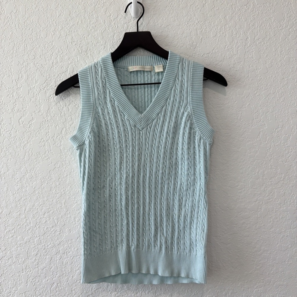 Greg Norman Vintage Light Blue Cable Knit Sleeveless Sweater Vest Pullover Med